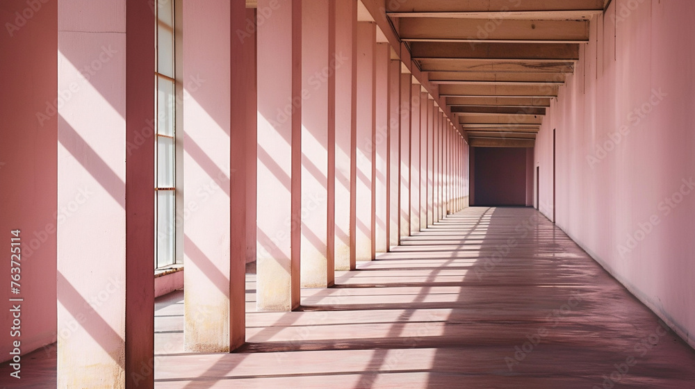 The sunlight shines through columns in a long and baby pink corridor. Generative Ai