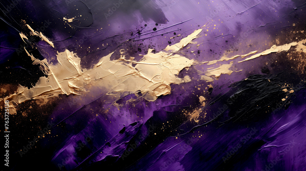 Impressive Explosion of Splashes of Purple and Yellow Paint on a Black Background - Abstract Painting