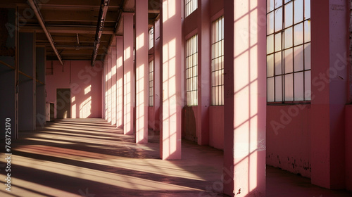 The sunlight shines through columns in a long and baby pink corridor. Generative Ai