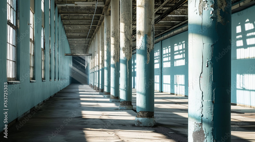 The sunlight shines through columns in a long and baby blue corridor. Generative Ai The sunlight shines through columns in a long and baby blue corridor. Generative Ai