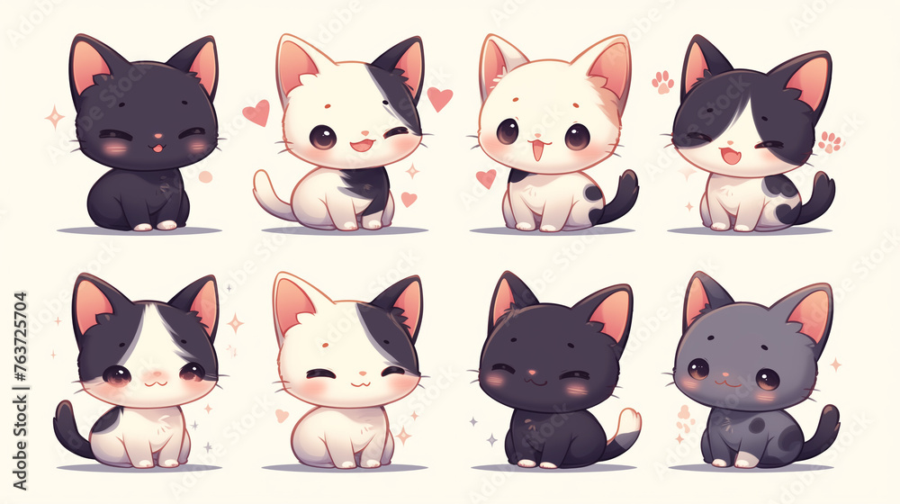 A collection of cute cartoon kittens with various fur patterns and charming expressions, perfect illustrations on white background