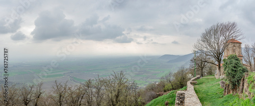 Wide panoramic view of Nekresi monastery and Alazani valley n Kakheti, Georgia