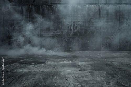 A brooding, smog-filled scene with a stark concrete floor, creating a setting for dramatic and intense narratives. photo