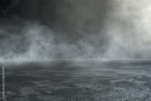 An enigmatic scene with swirling smoke over an empty concrete expanse, evoking a sense of isolation and contemplation.
