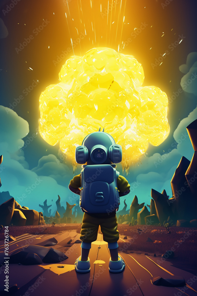 3D cartoon of kid in gas mask, facing a nuclear explosion - obrazy, fototapety, plakaty 