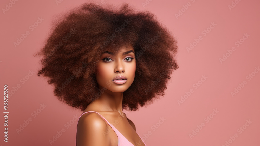 Beautiful wide portrait of delightful black brown american girl model with afro hairstyle and smooth skin Beautiful wide portrait of delightful black brown american girl model with afro hairstyle and smooth skin