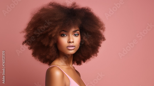 Beautiful wide portrait of delightful black brown american girl model with afro hairstyle and smooth skin created with Generative AI Technology