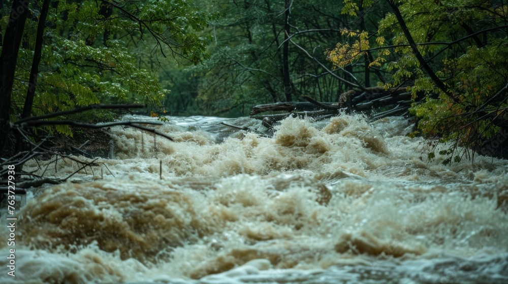 A raging river swollen by the constant deluge of rain rushing through the forest and knocking down trees in its path. - obrazy, fototapety, plakaty 