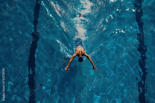 Aerial Top View Professional Swimming Athlete in action, aerobic swimmer