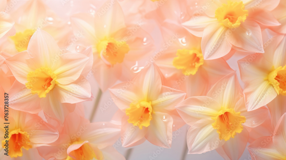 Daffodil flowers plant bloom in soft pastel bright colors on background of wide nature spring floral created with Generative AI Technology