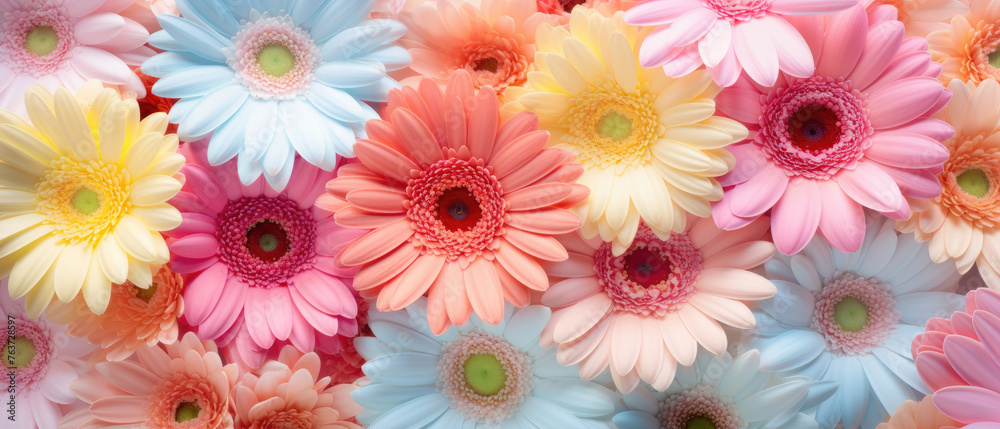 Collection of Colorful Gerbera Daisy Herbras flowers blooming in soft pastel bright colors on a vast natural spring floral wide background Collection of Colorful Gerbera Daisy Herbras flowers blooming in soft pastel bright colors on a vast natural spring floral wide background