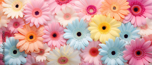 Collection of Colorful Gerbera Daisy Herbras flowers blooming in soft pastel bright colors on a vast natural spring floral wide background created with Generative AI Technology 