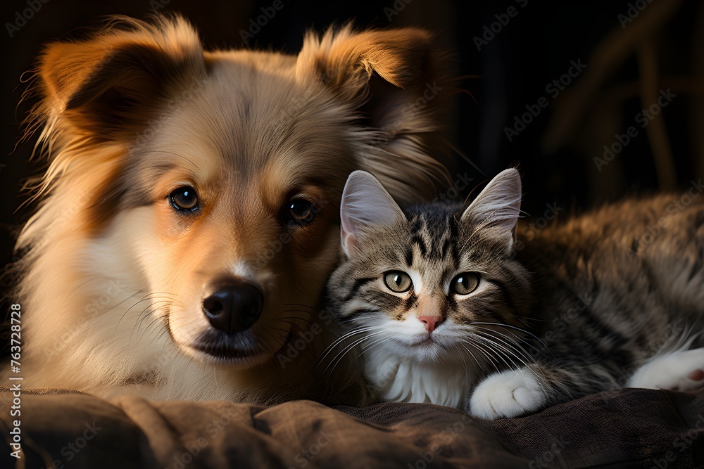 Adorable puppy and kitten lying together in a loving embrace