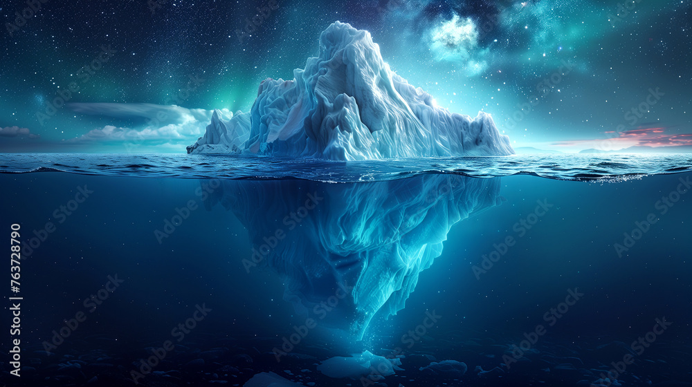 Global warming concept. Huge icebergs float across the endless oceans.