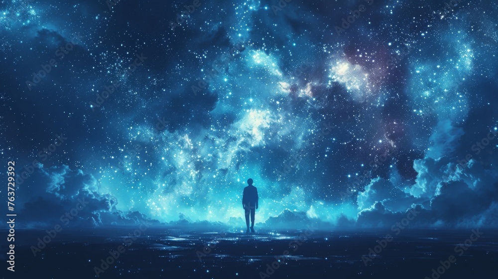 A person with outstretched arms soaring gracefully through the starry expanse of the Milky Way symbolizing the start of their spiritual journey. A person with outstretched arms soaring gracefully through the starry expanse of the Milky Way symbolizing the start of their spiritual journey.