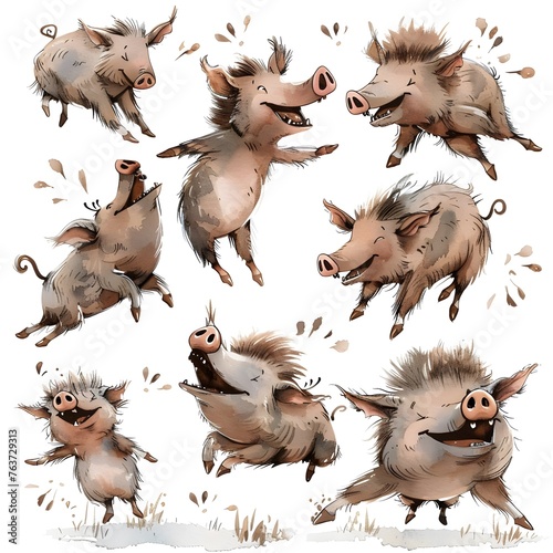Whimsical graphic cartoon illustration of joyful wild boars pigs on white background © palangsi