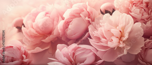 Collection of Pink Purple Peony flowers blooming in soft pastel bright colors on a vast natural spring floral wide background created with Generative AI Technology 