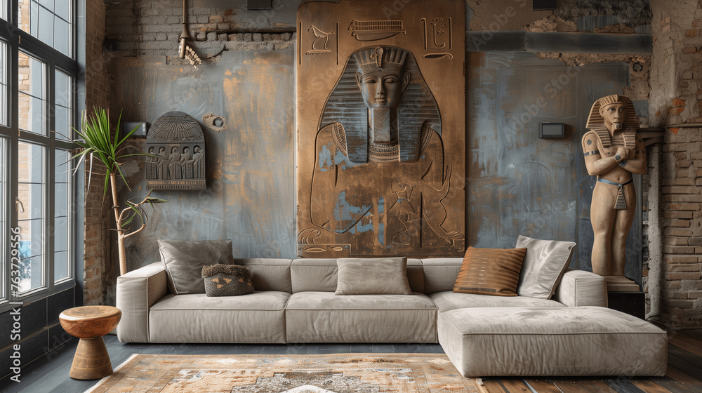 Fototapeta premium Egyptian-Themed Living Room with Modern Furniture