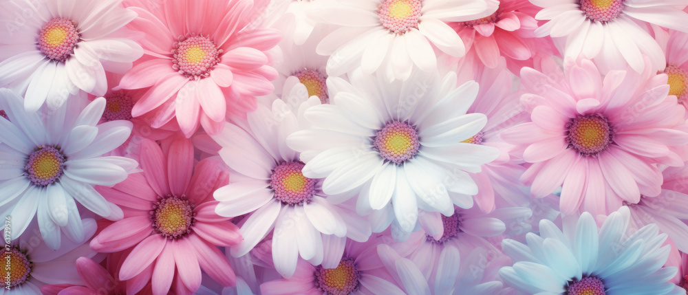 Collection of Colorful Daisy flowers blooming in soft pastel bright colors on a vast natural spring floral wide background Collection of Colorful Daisy flowers blooming in soft pastel bright colors on a vast natural spring floral wide background
