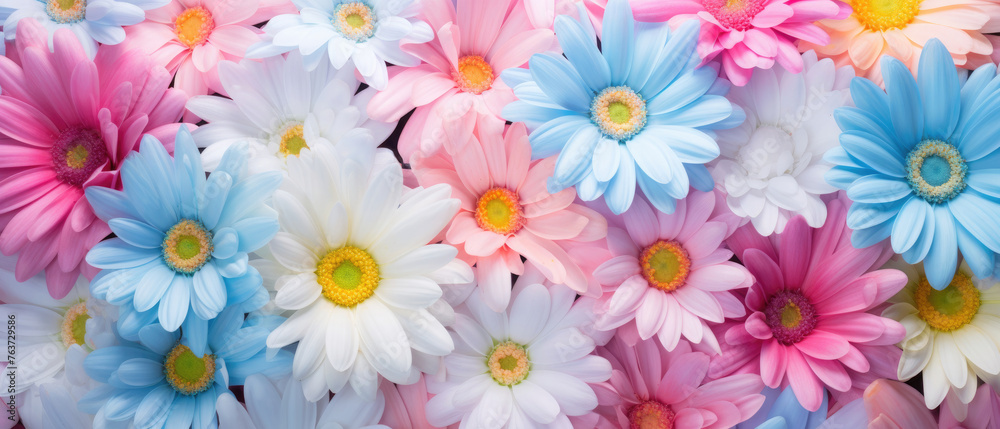 Collection of Colorful Daisy flowers blooming in soft pastel bright colors on a vast natural spring floral wide background created with Generative AI Technology 