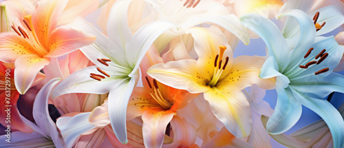Collection of Colorful Lily flowers blooming in soft pastel bright colors on a vast natural spring floral wide background created with Generative AI Technology