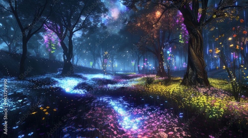 An ethereal night in a magical forest with a starry sky above and a colorful path marked by bioluminescent flowers. An ethereal night in a magical forest with a starry sky above and a colorful path marked by bioluminescent flowers.