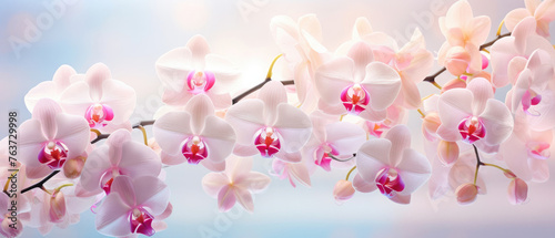 Collection of pink Orchids flowers blooming in soft pastel bright colors on a vast natural spring floral wide background created with Generative AI Technology