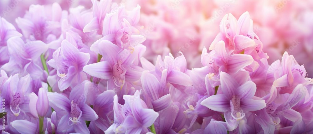 Collection of Purple Orchids flowers blooming in soft pastel bright colors on a vast natural spring floral wide background Collection of Purple Orchids flowers blooming in soft pastel bright colors on a vast natural spring floral wide background