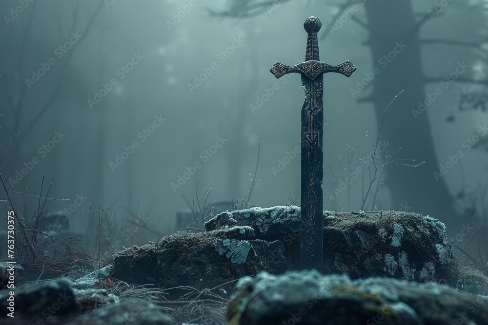 Naklejka premium A solitary sword rises from a rock in a mist-covered forest, evoking tales of chivalry and magic.