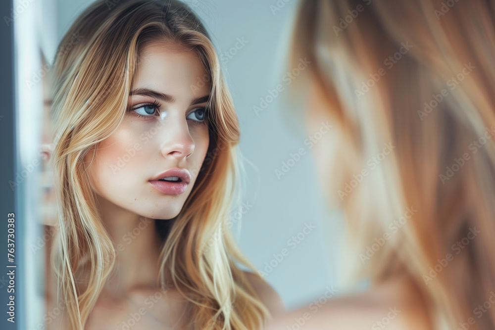 A woman with blonde hair and blue eyes is looking at her reflection in a mirror. Concept of self-awareness and introspection, as the woman takes a moment to observe her appearance - obrazy, fototapety, plakaty 