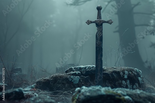 A solitary sword rises from a rock in a mist-covered forest, evoking tales of chivalry and magic. photo