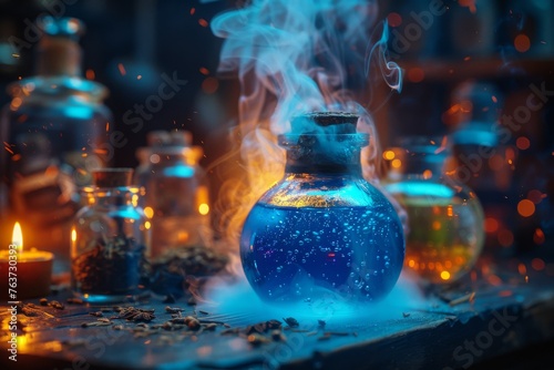 A magical potion brews in a blue flask, surrounded by the ambient glow of an alchemist's mysterious workshop.