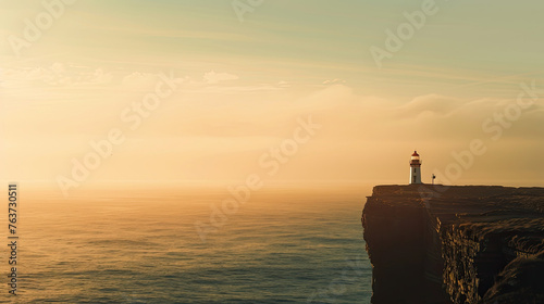  "Golden Solitude". A lighthouse perched on a coastal cliff basks in the sunset's glow, a beacon of warm light against the vast sea and sky.