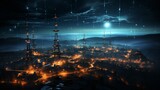 Futuristic cityscape with glowing lights at night