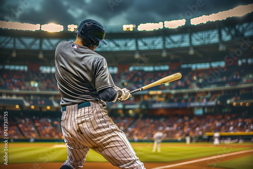 A baseball player is swinging a bat in a stadium. The stadium is filled with people watching the game