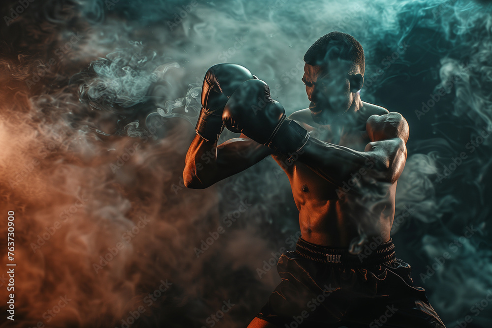 A man in a boxing ring with smoke in the background. The man is wearing boxing gloves and he is in the middle of a fight