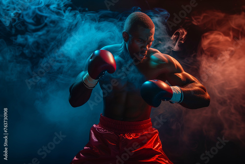 A man in a boxing ring with smoke in the background. The man is wearing boxing gloves and he is in the middle of a fight