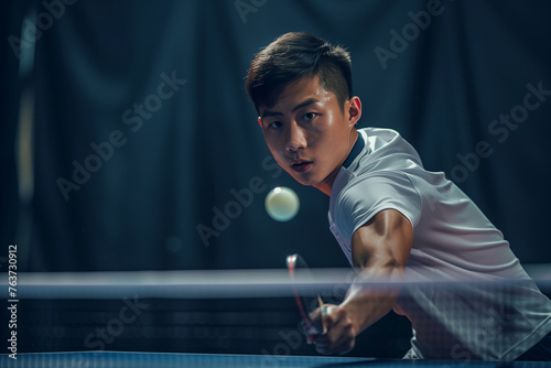 A man is playing ping pong and is about to hit the ball. Concept of focus and determination as the man prepares to make his move