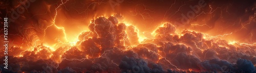 Ash cloud storm with volcanic lightning, fiery glow beneath, dynamic contrast, high detail