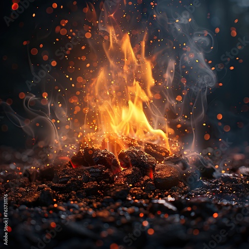 Capsaicin sparks in fire, smoky aura, traditional hearth, night, warm tones, angled viewhigh detailed photo