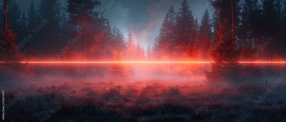 Plasma rifle beam slicing through fog, mysterious forest, dawn, eerie glow, wide lens,