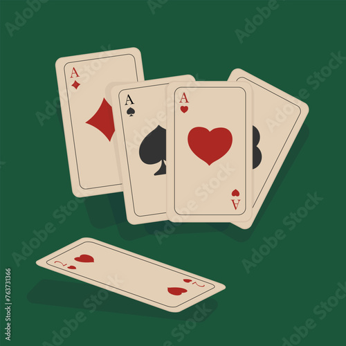 Poker playing cards on a green background. Vector illustration 