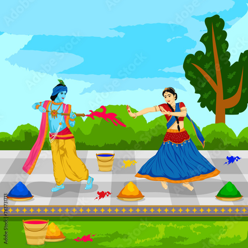 Vector illustration of Lord krishna playing holi with radha 