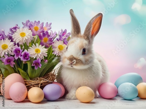 White rabbit, colorful eggs, flowers, Easter, blue background © Igor Voron