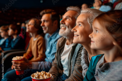 Family in cinema seeing movie with popcorn. Family weekend 