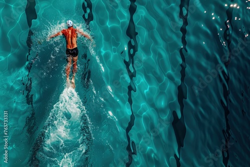 Professional Swimming Athlete in action front angle view under and over water, aerobic swimmer, proudly represent and wearing the United States flag pattern on head covering and swim goggles