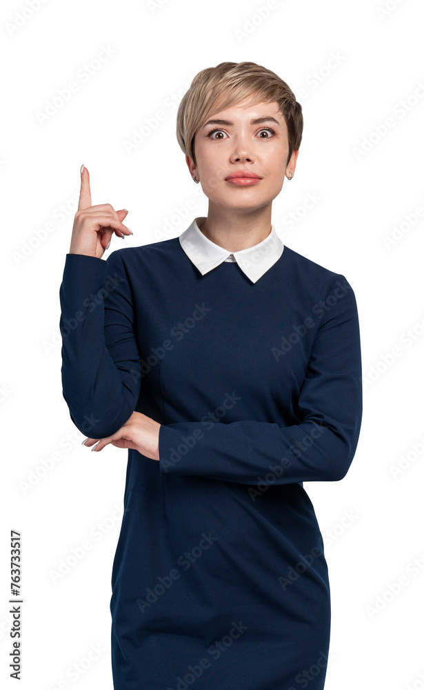 A businesswoman in formal wear posing with a thoughtful expression, isolated on white background. Professional attire concept A businesswoman in formal wear posing with a thoughtful expression, isolated on white background. Professional attire concept