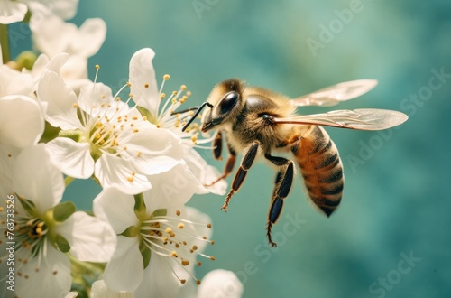 close-up shot of an ancient honey bee flying towards white flowers. © Goojournoon