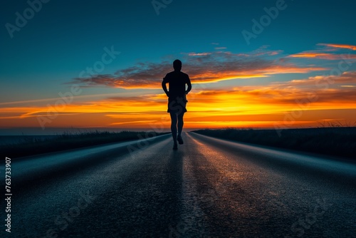 Man running on rural road at sunset  Concept of freedom and endurance in fitness and nature