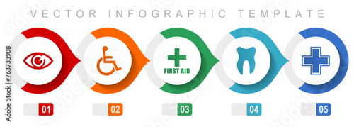 Hospital flat design infographic template, miscellaneous symbols such as eye, wheelchair, first aid, dentist and cross, vector icons collection